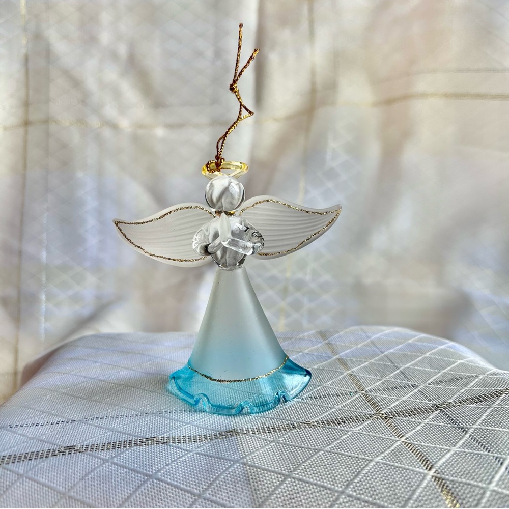 Unique Treasures Vintage Handspun Glass Angel Ornament with Blue Ruffle
